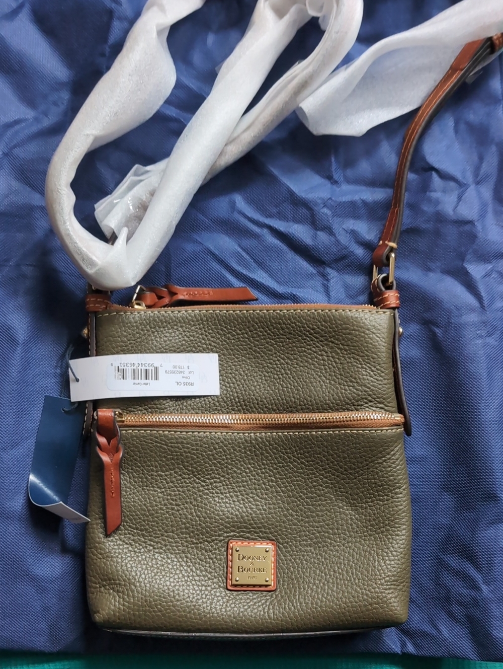 Dooney & Bourke Olive Pebble Leather Crossbody with Brown Trim NWT